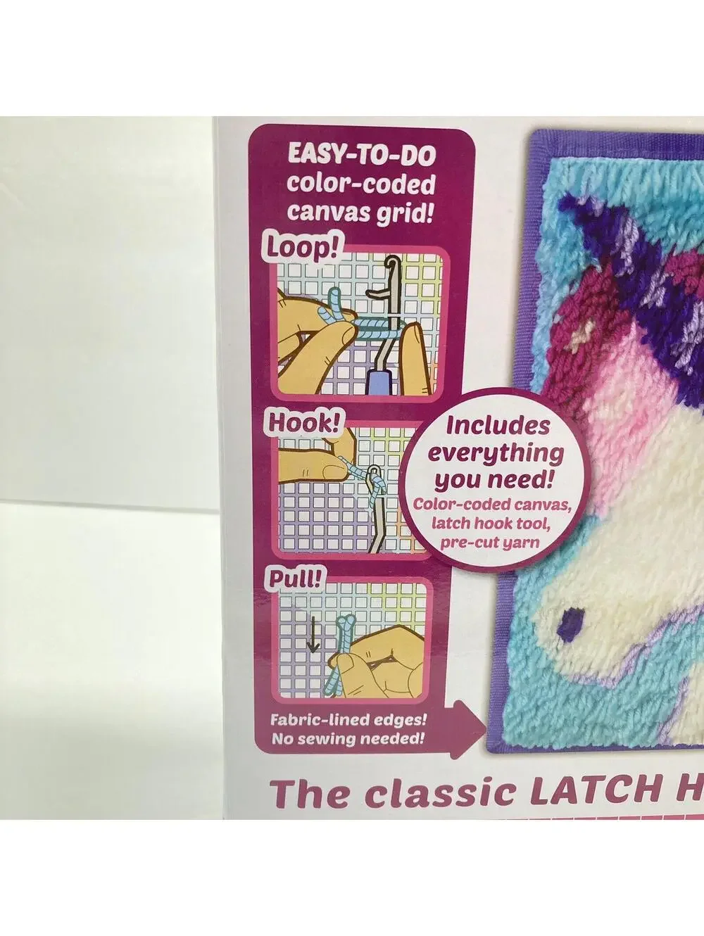 LatchKits Unicorn Mini-Rug Latch Hook Craft Kit 12x11 Color-Coded Canvas